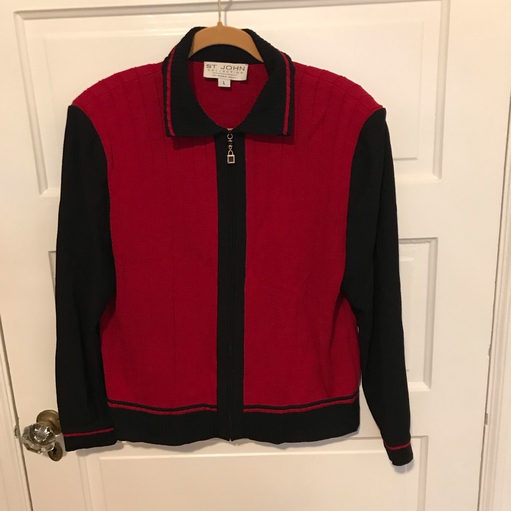 St John Collection Marie Gray Red And Black Zip Up Cardigan Sz L Vintage